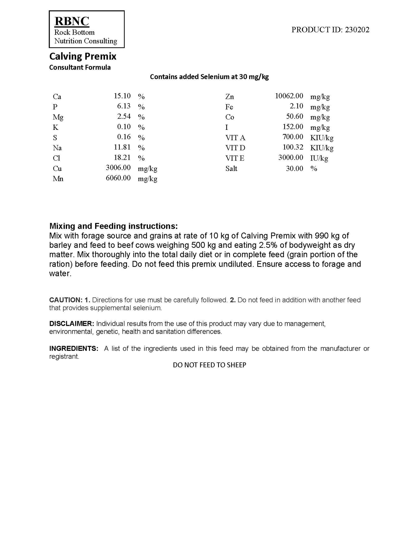 RB Calving Premix - With Chelates